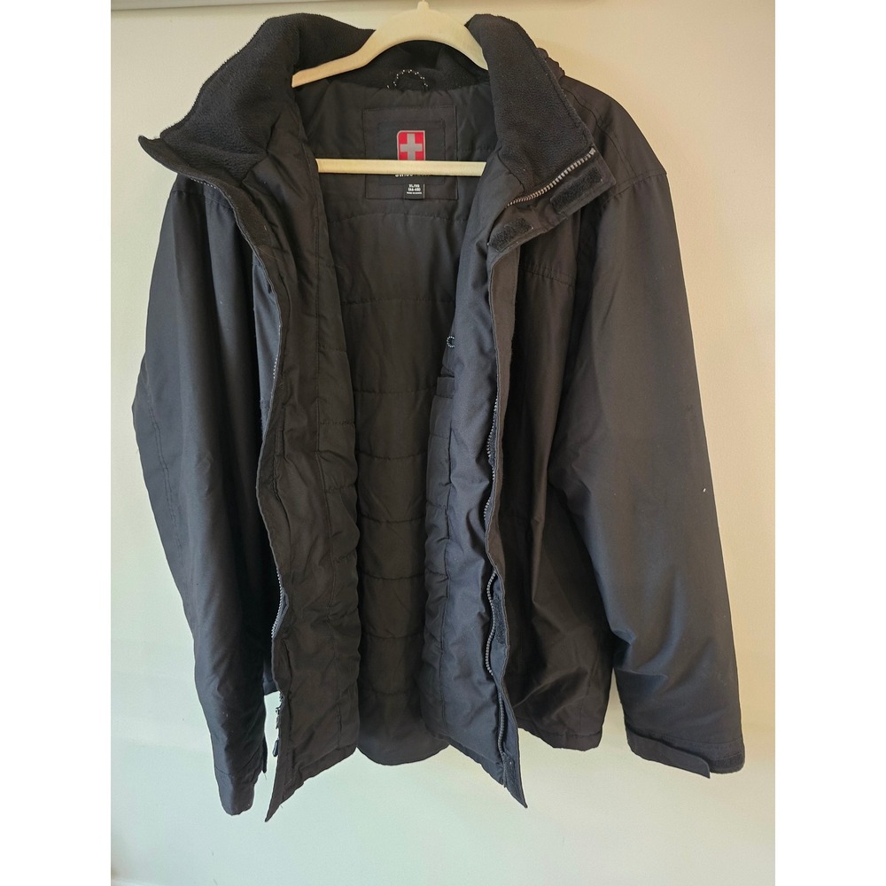 SwissTech Mens Black Hooded Winter Puffer Jacket XL 46-48 Insulated Parka Coat